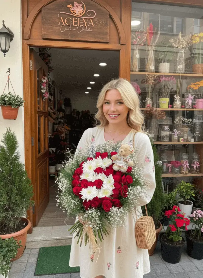 Ayıcık Kalpli Aşk – Kırmızı Beyaz Güller