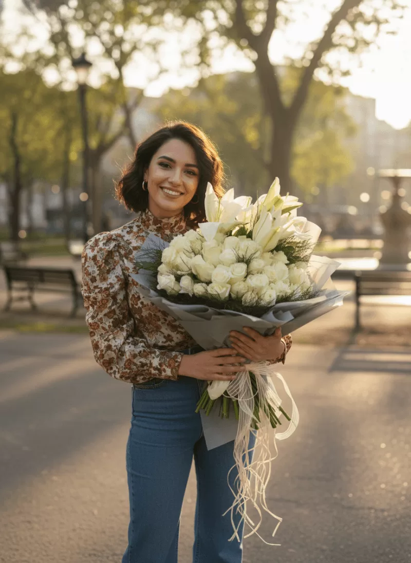 Saf Zarafet – Beyaz Lilyum & Gül Buketi