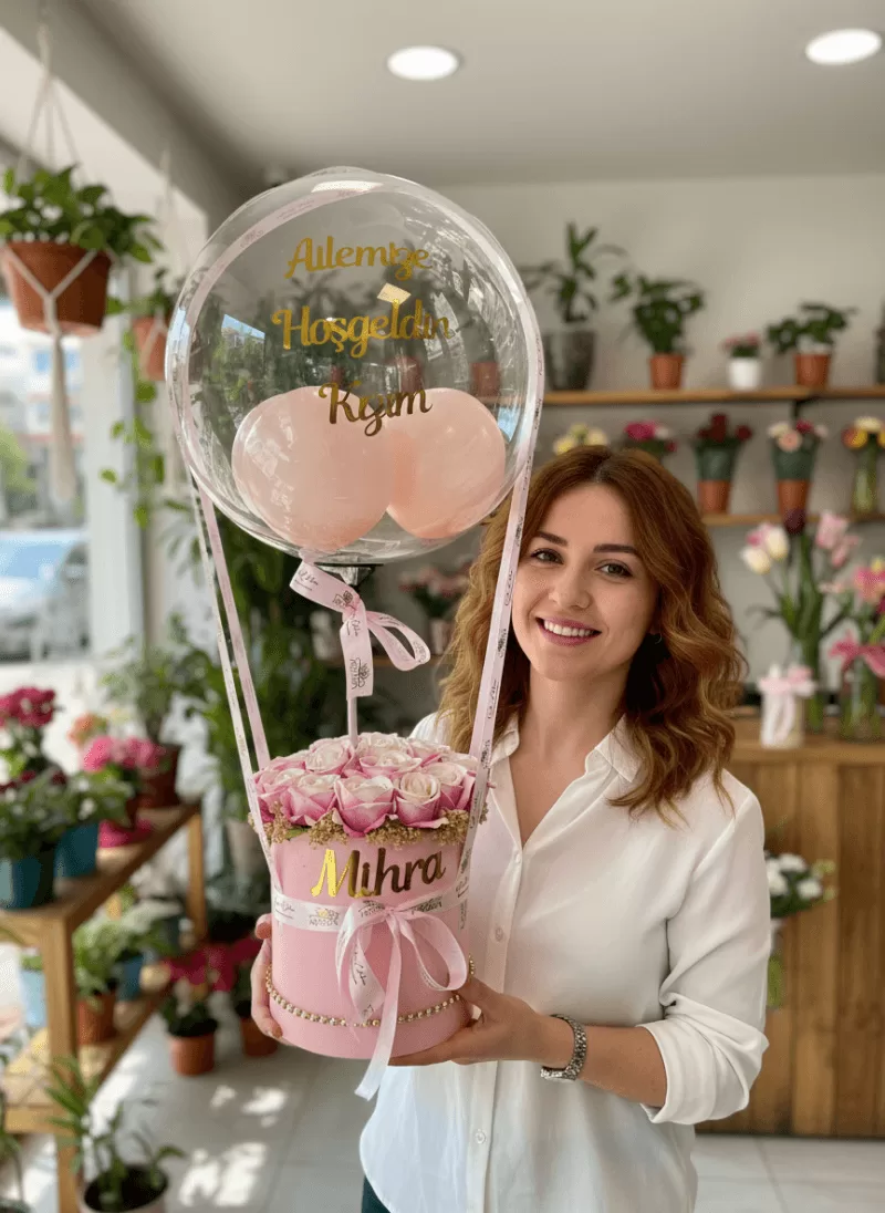 Hoşgeldin Kızım – Pembe Balon Çiçek Kutusu (İsimli)