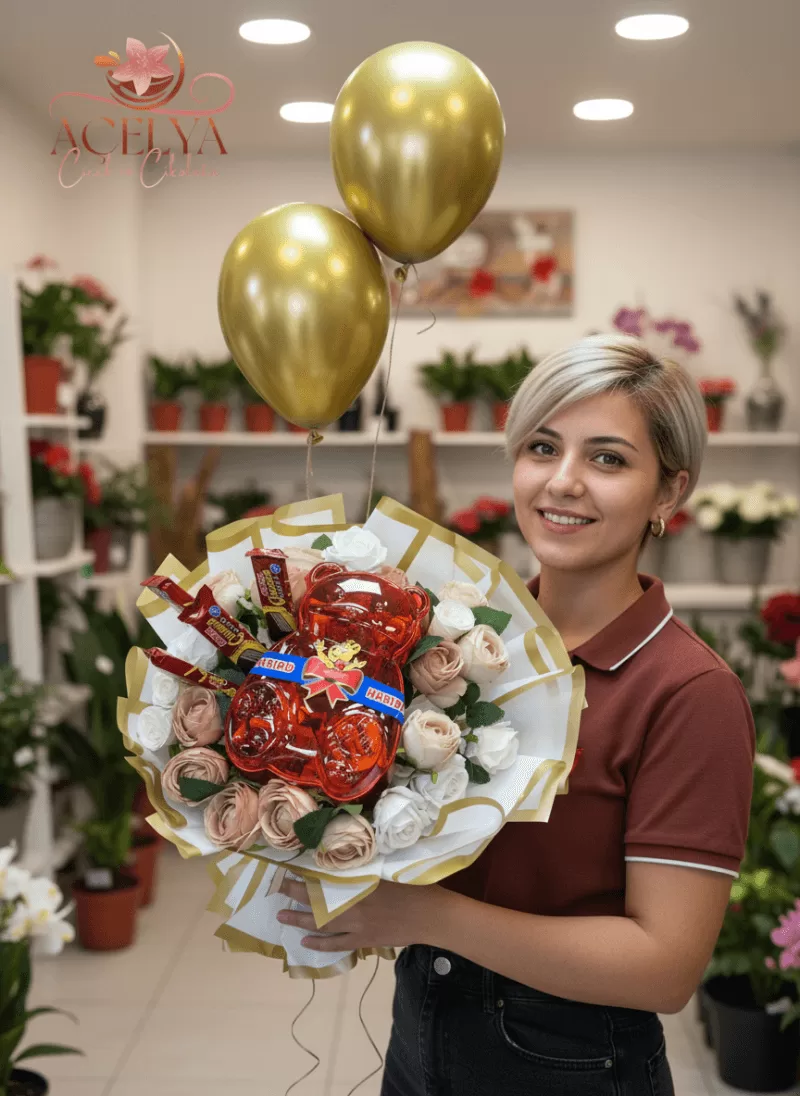Altın Ayı Sürpriz Buketi – Çikolatalı & Ayıcık Konsept