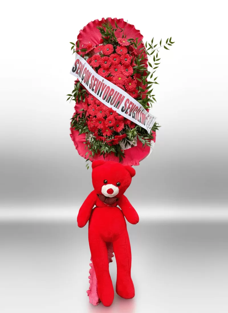 Peluş Ayıcık Tasarım Çelenk – Kırmızı Gerbera & Teddy