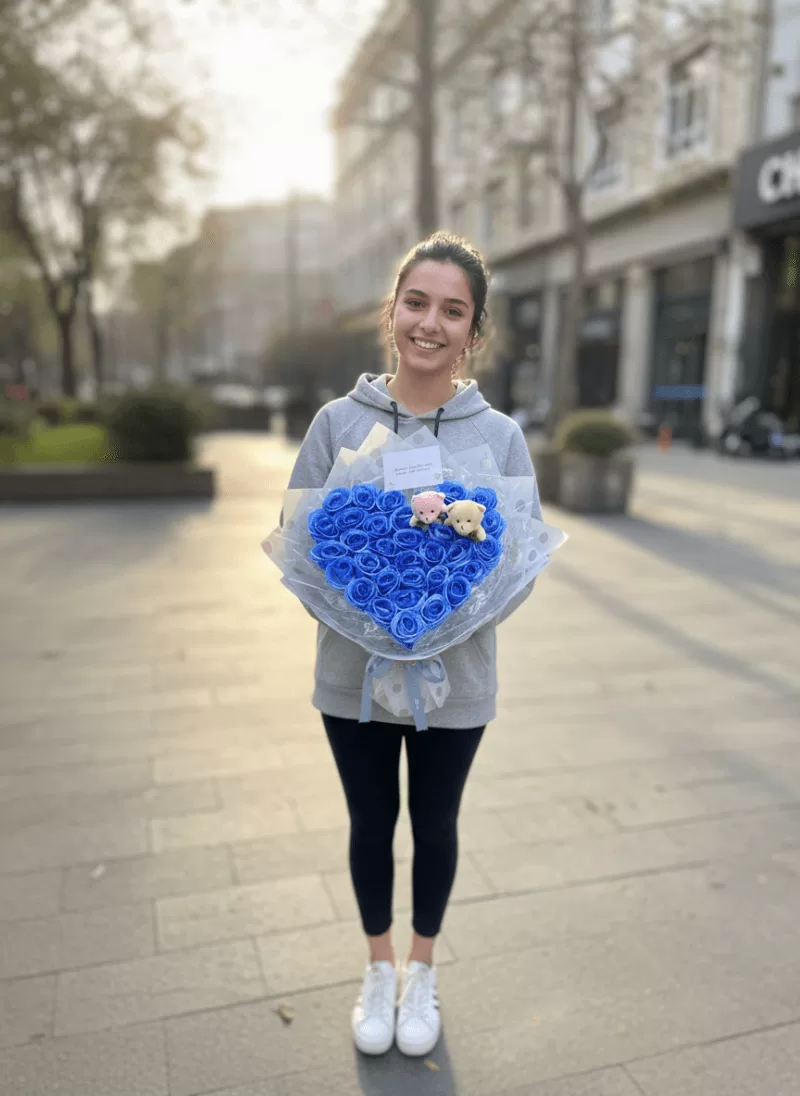 Mavi Kalp Gül Buketi – Ayıcıklı Özel Tasarım