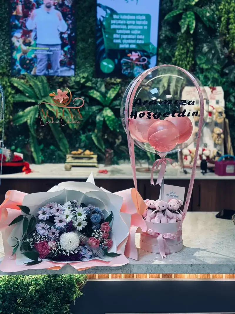 Hoş Geldin Pembe Balon & Buket Kombini