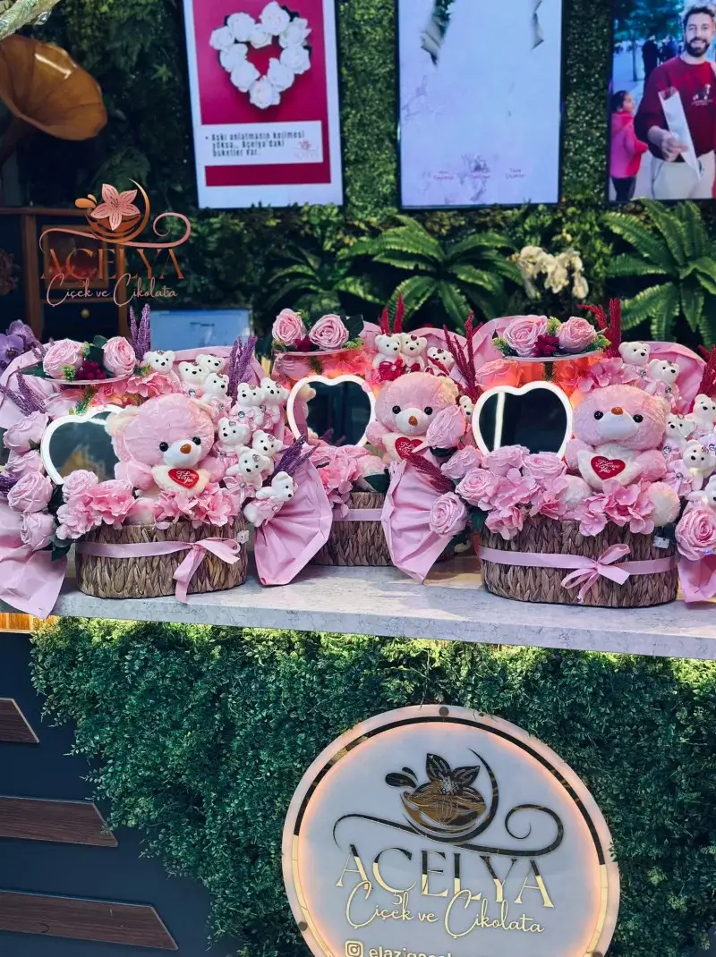 Ayna Detaylı Ayıcıklı Gül Sepeti (Premium)