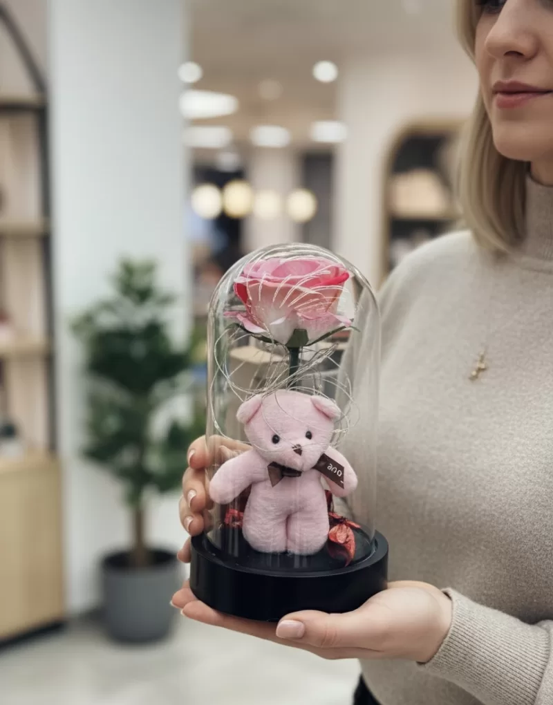 Pembe Ayıcık Cam Fanus Gül