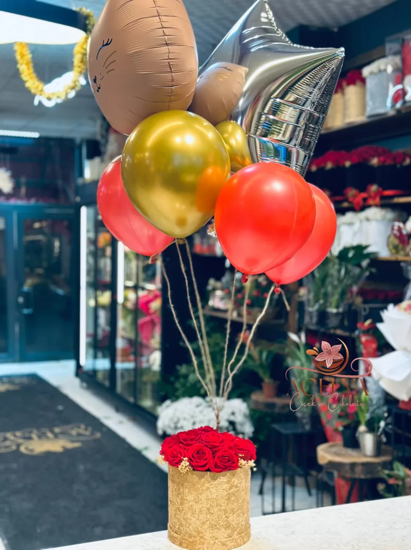Gold Silindir Kutuda Kırmızı Gül & Balon Seti