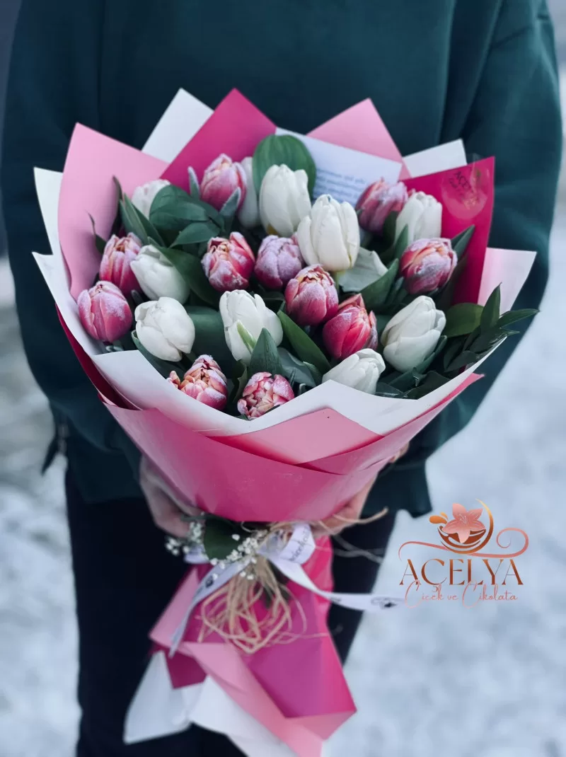 Pembe & Beyaz Lale Buketi (Zarif Seri)