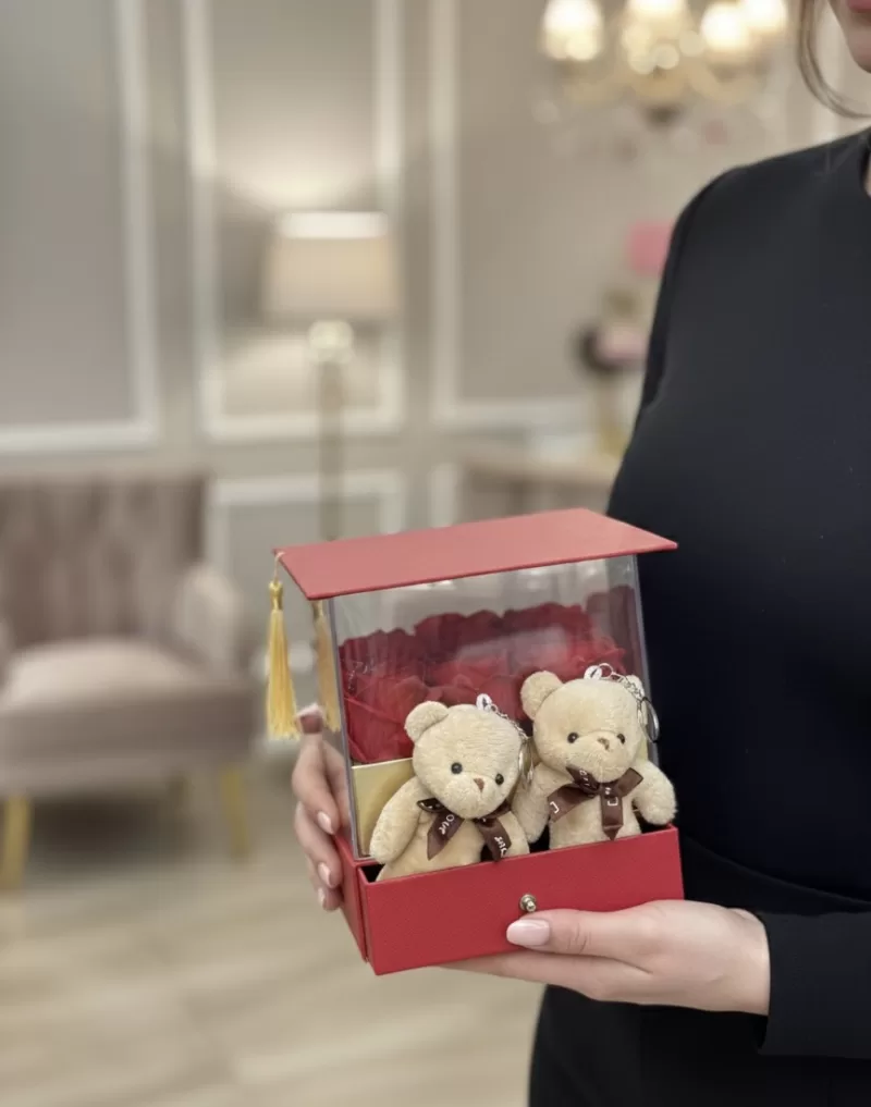 Çift Ayıcık & Kırmızı Gül Kutusu (Çekmeceli Kutu)