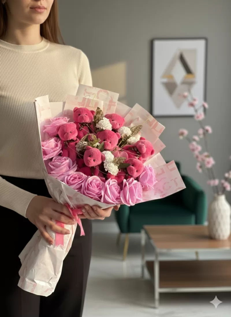 Pembe Rüya Ayıcıklı Gül Buketi