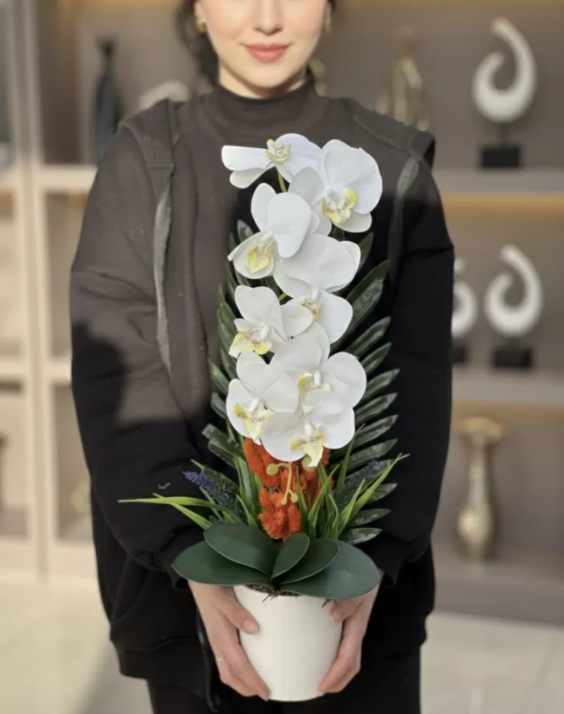 Zarafet Serisi Beyaz Orkide Aranjmanı Yapay