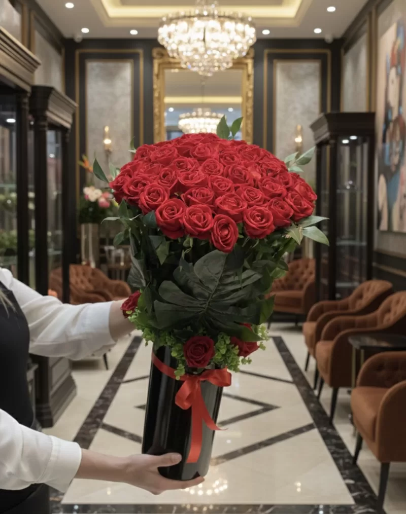 Prestij Serisi Silindir Vazoda Kırmızı Gül Aranjmanı