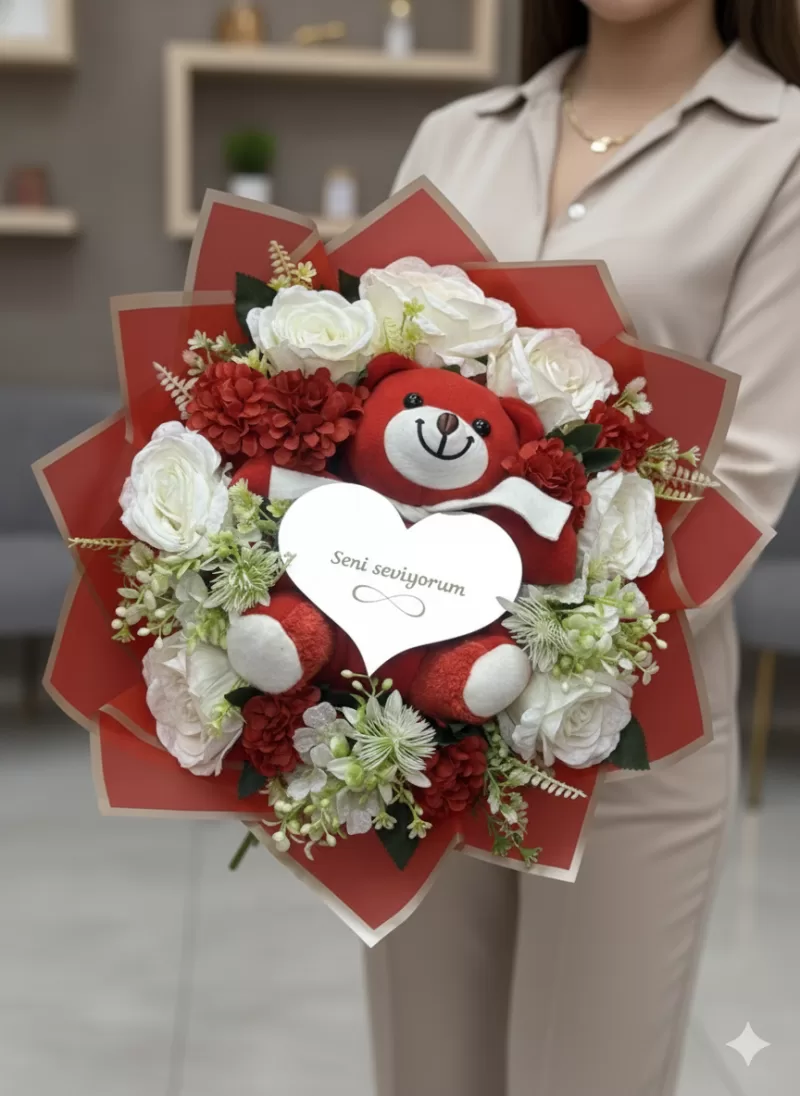 Kalpli Ayıcıklı Çiçek Buketi Aynalı 