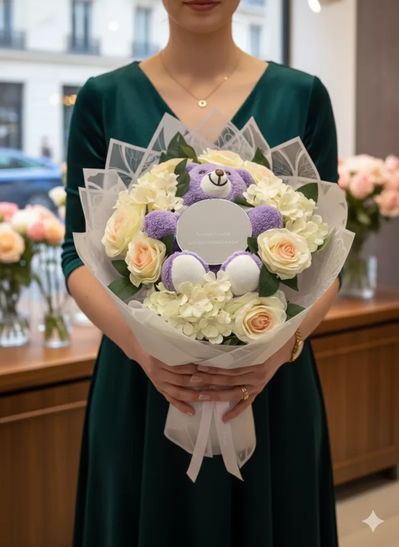 Kalpli Ayıcıklı Çiçek Buketi Aynalı 