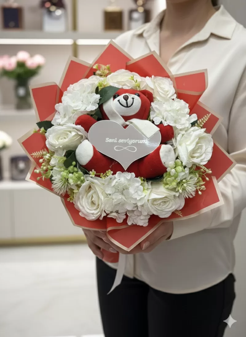 Kalpli Ayıcıklı Çiçek Buketi Aynalı 