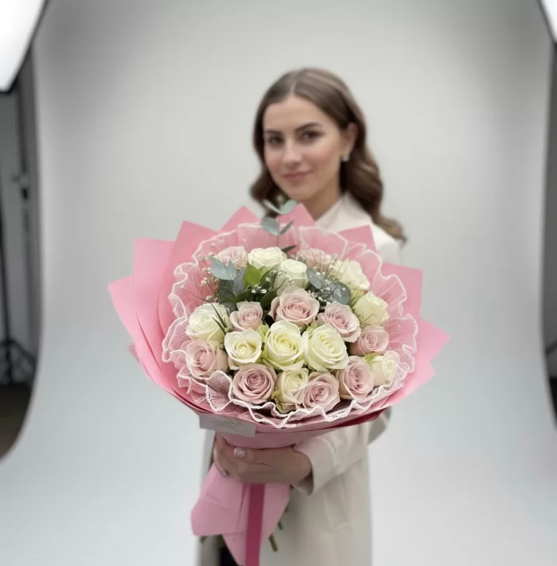 Pembe & Krem Gül Dantel Sargılı Premium Buket