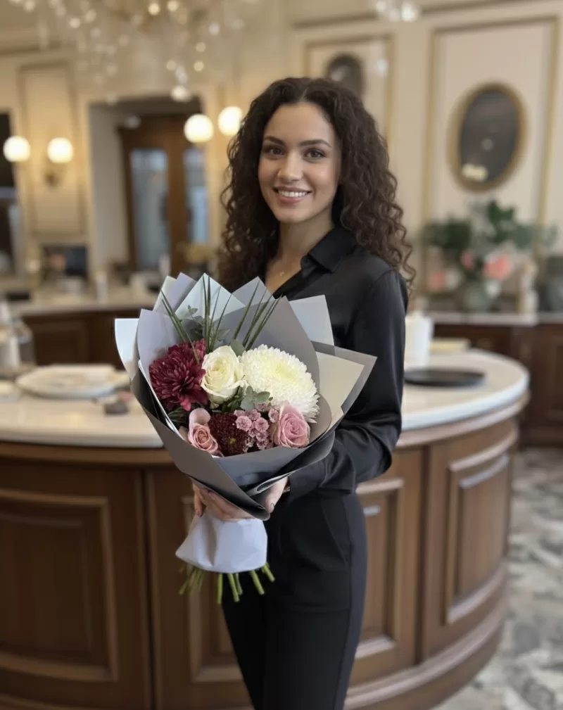 Modern  Ambalajlı Karışık Gül & Krizantem Buketi