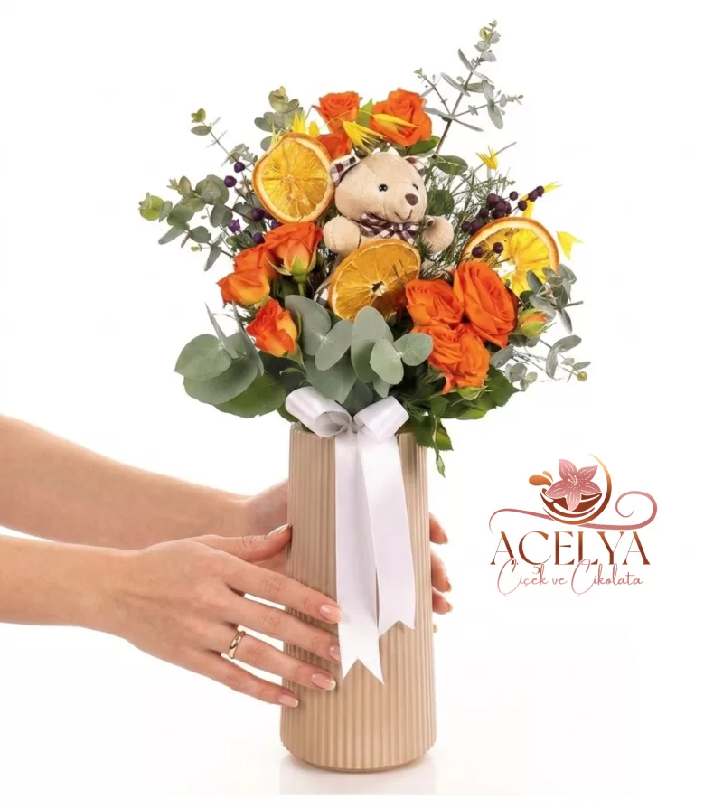 Ayıcıklı Turuncu Gül  Aranjmanı