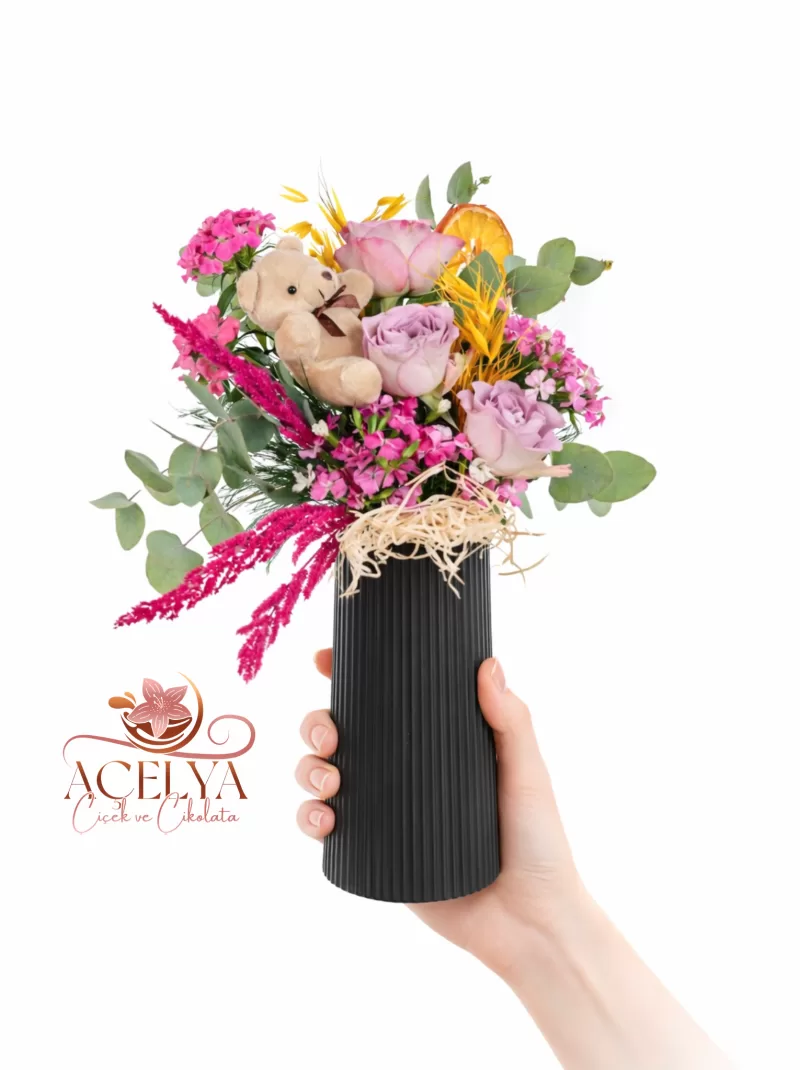 Siyah Vazoda Pembe Gül & Ayıcıklı Aranjman