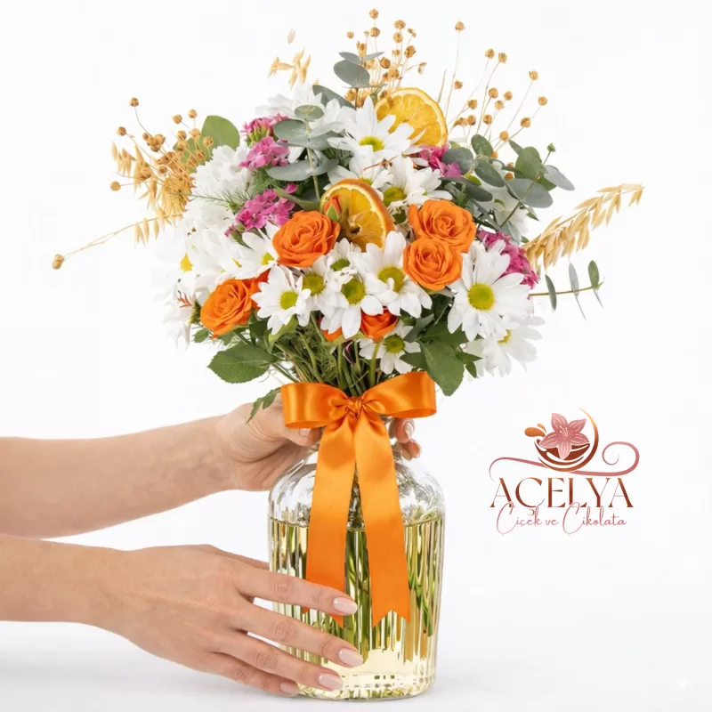 Cam Vazoda Papatya & Turuncu Gül Enerji Buketi