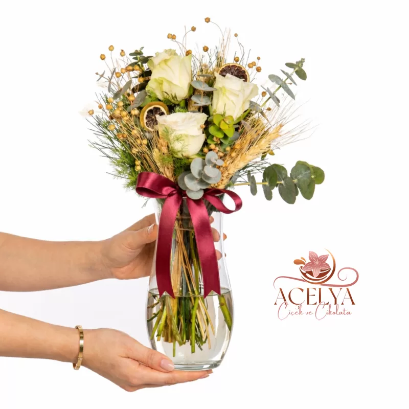 Cam Vazoda Krem Gül Doğal Buğday Aranjmanı