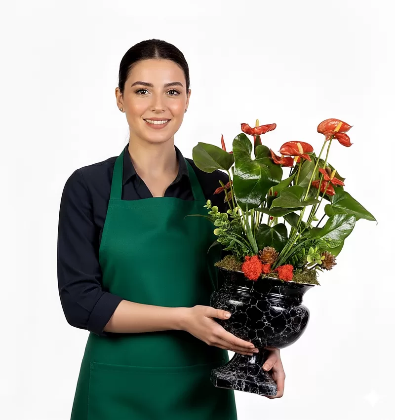 Siyah Vazoda Kırmızı Antoryum Saksı Aranjmanı