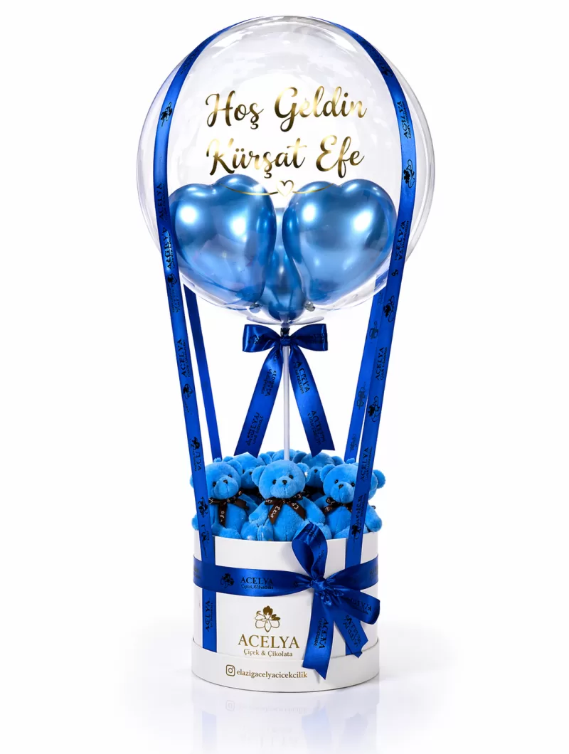 Mavi Gül Aşk Kutusu & Hoş Geldin Balonlu Set 