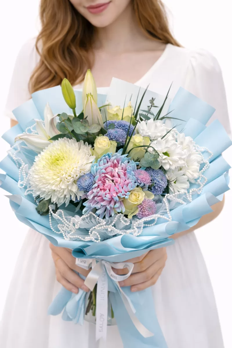 Mavi Pastel Lilyumlu Buket