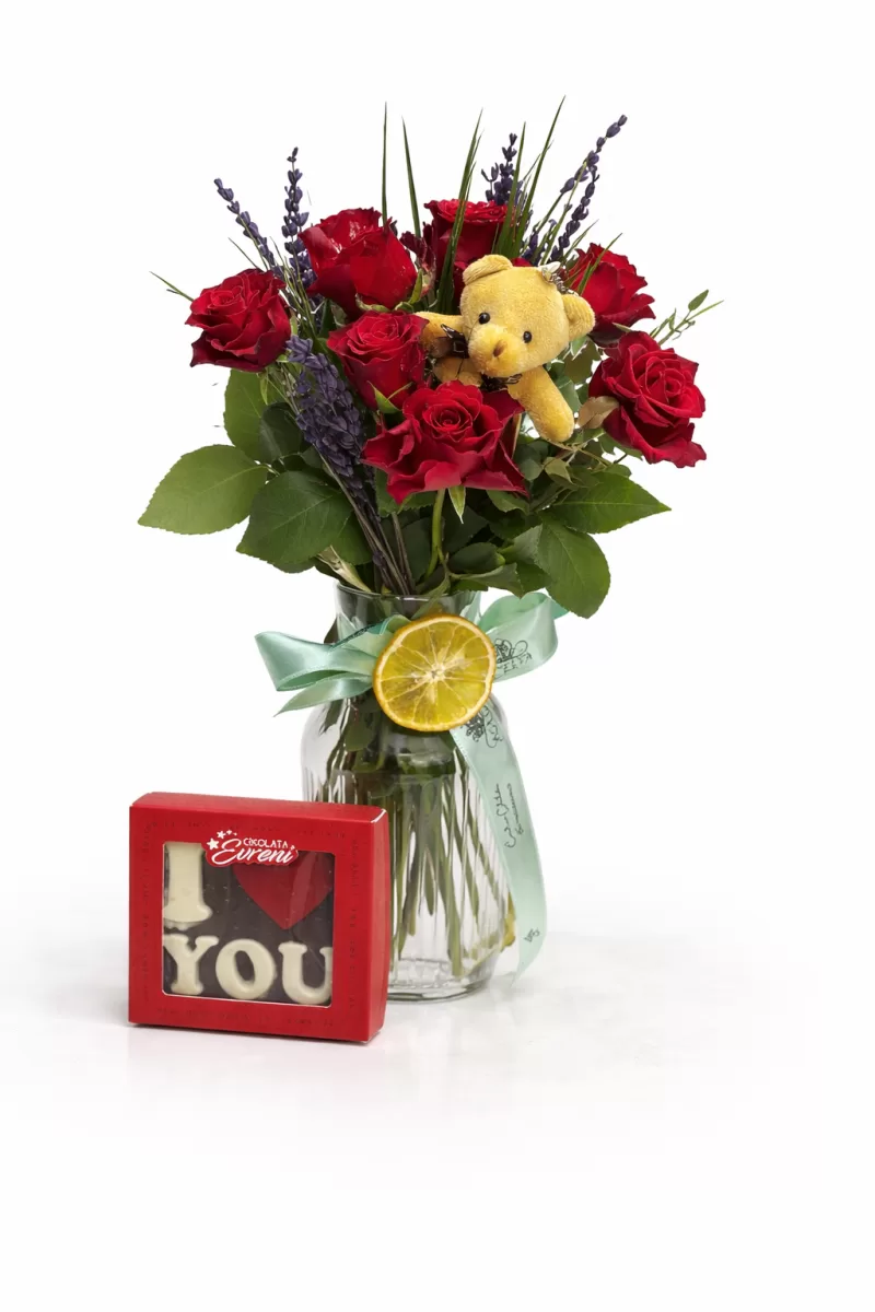 Vazoda Güllü Ayıcık ve Çikolata Seti