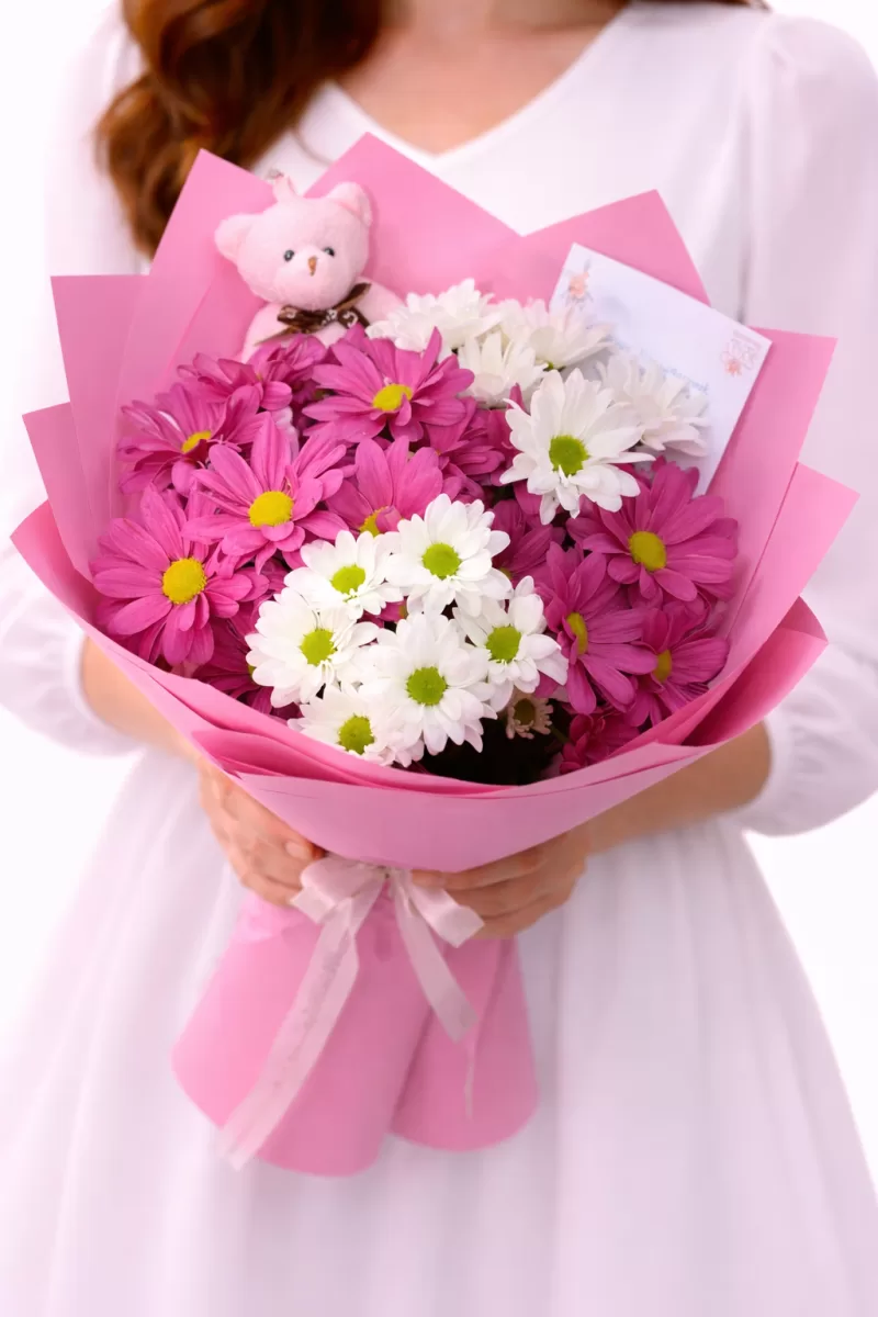 Pembe Beyaz Papatya Ayıcıklı Buket