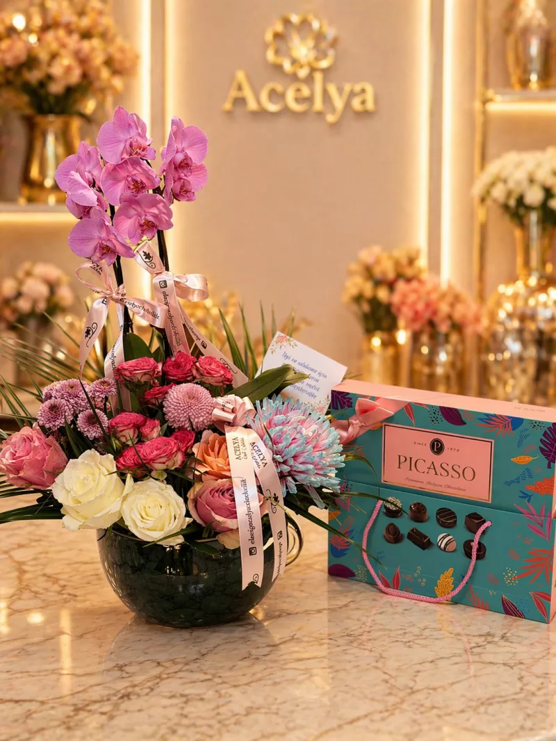 Pembe Orkide & Çikolata Hediye Seti – Lüks Aranjman