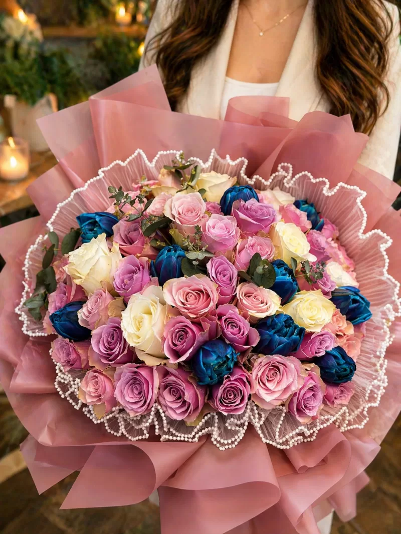 Mavi & Pembe Gül Aranjmanı – Özel Gün Premium Çiçek