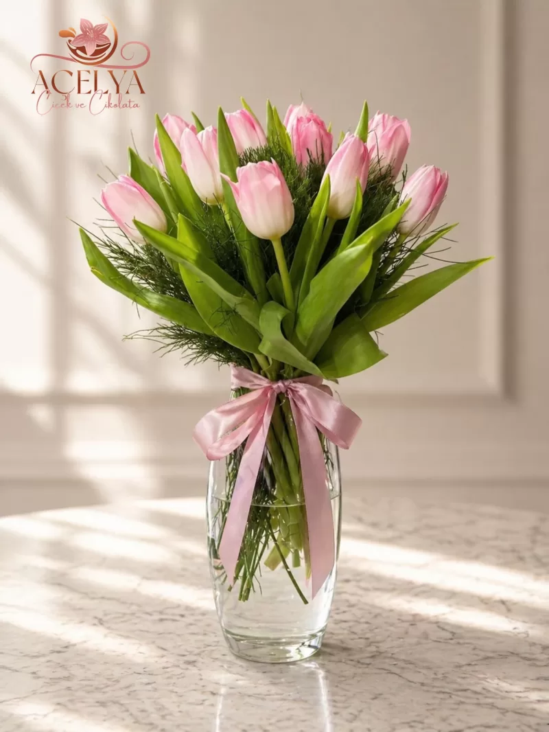 Pembe Lale Buketi Cam Vazo