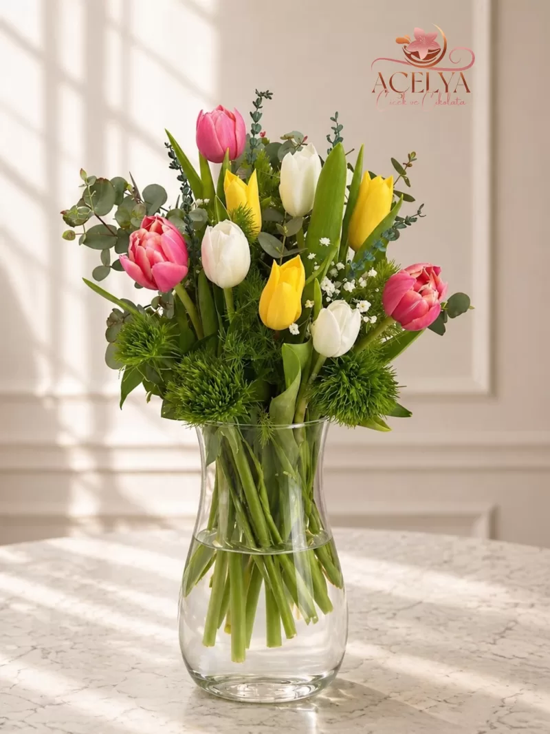 Renkli Lale Buketi Cam Vazo