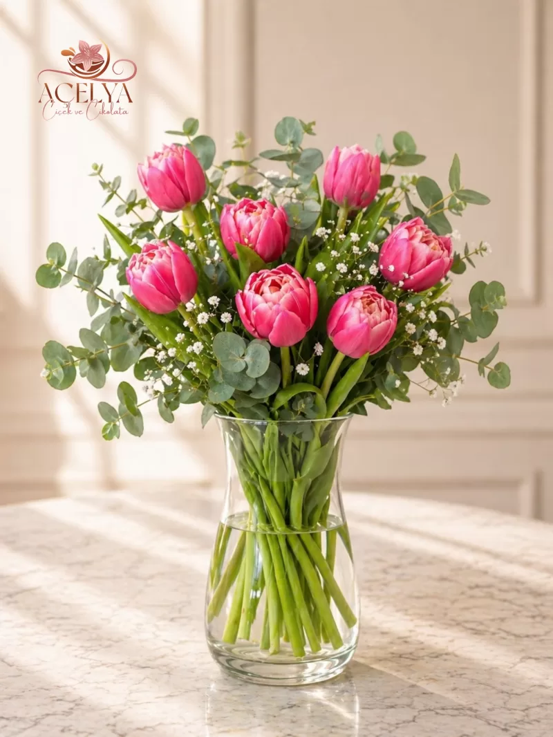Pembe Lale Buketi Okaliptuslu Cam Vazo