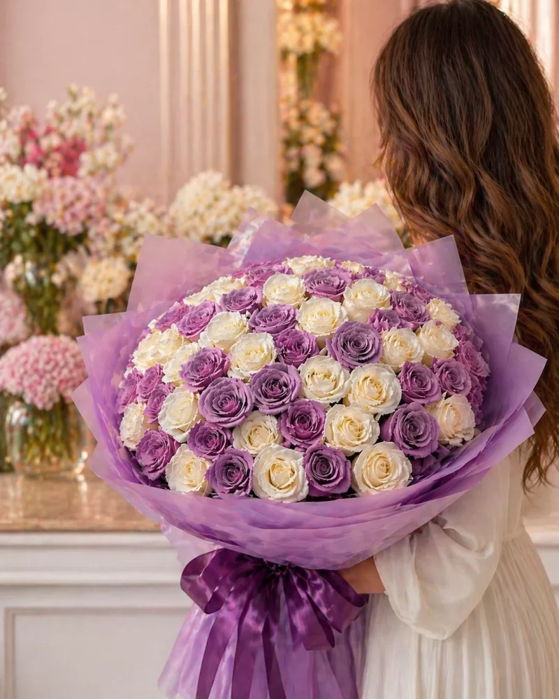 Mor Beyaz Gül Buketi