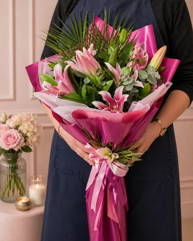 Pembe Lilyum Buketi Fuşya Ambalaj
