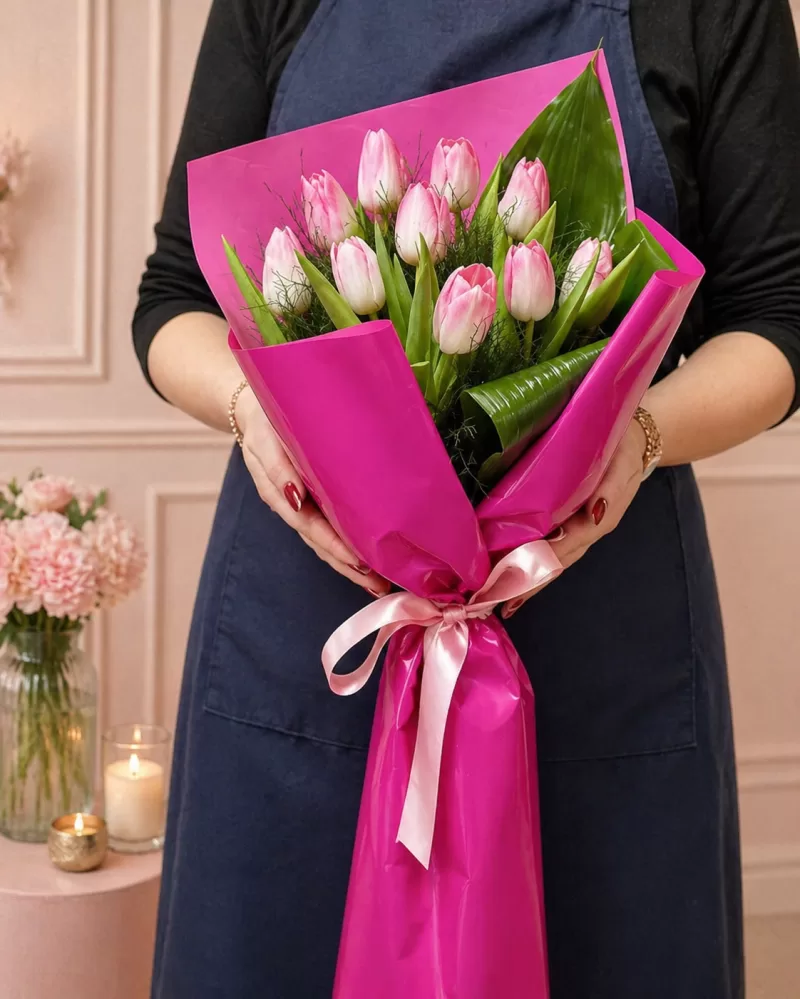 Pembe Lale Buketi Fuşya Ambalaj