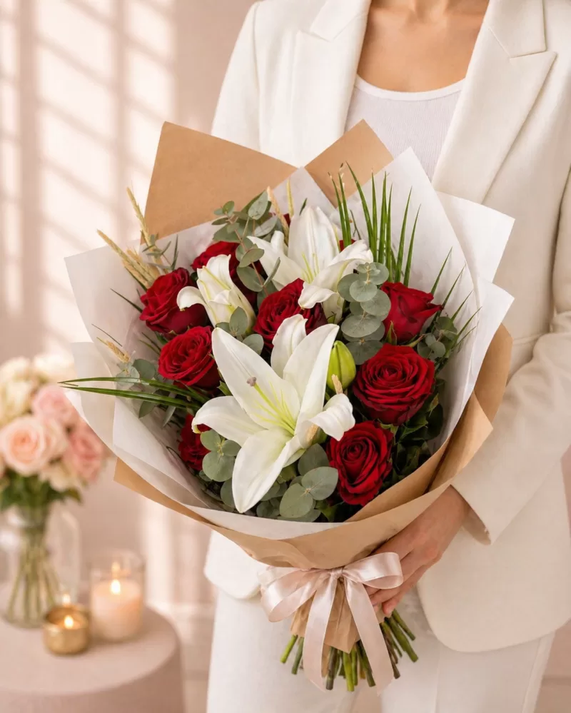 Kırmızı Gül ve Lilyum Buketi