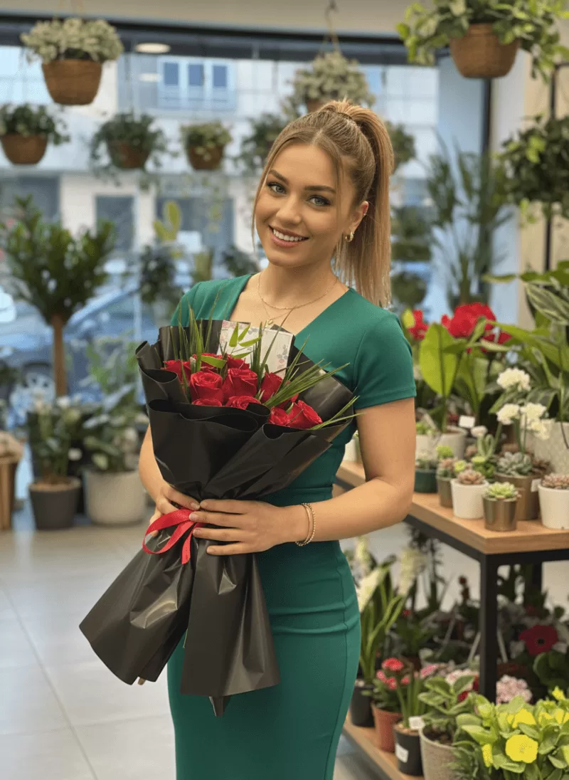 Siyah ambalaj kırmızı gül buket